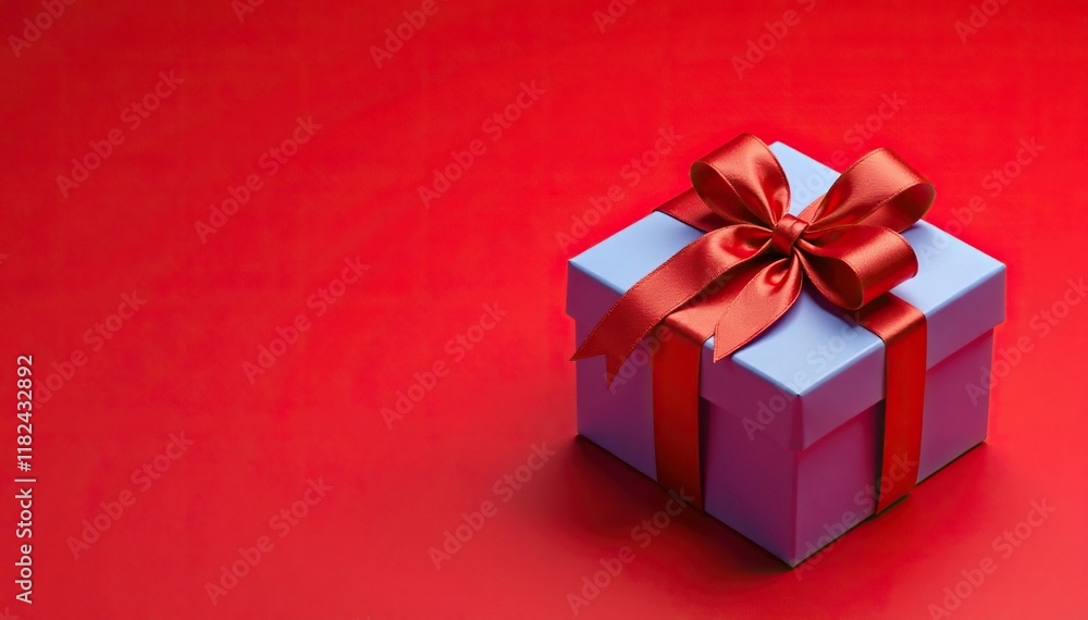 Colorful gift box on red background with a large ribbon bow, decoration, red, ribbon Colorful gift box on red background with a large ribbon bow, decoration, red, ribbon