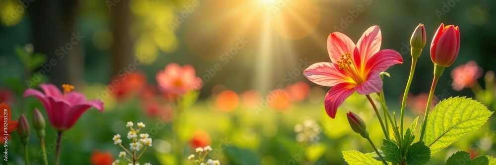 Naklejka premium Jazm?n en flor en un sendero del jard?n con sol y sombra, verano, floreciente