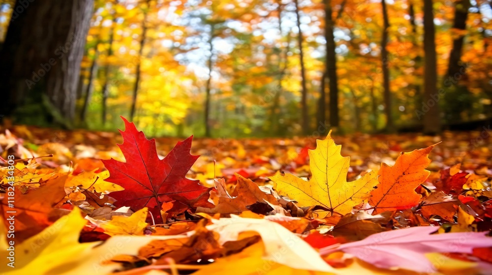 Stunning Autumn Forest Scene with Red and Yellow Maple Leaves Stunning Autumn Forest Scene with Red and Yellow Maple Leaves