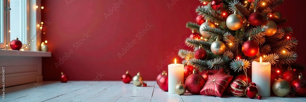 Red and white Christmas tree decorated with festive ornaments and candles, candles, decorations, white Red and white Christmas tree decorated with festive ornaments and candles, candles, decorations, white