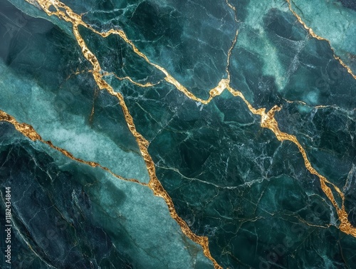 luxurious emerald green marble surface with dynamic veining pattern and gold accents for premium interior design background