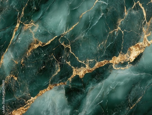 luxurious emerald green marble surface with dynamic veining pattern and gold accents for premium interior design background