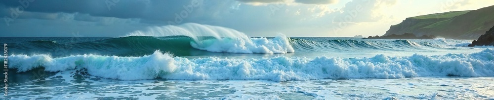 Fototapeta premium Big surf waves in Cornwall's coastal landscape, surf, sea, landscape