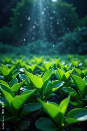 Tea plants under sprinklers in a lush garden at night, leaves, crop, nighttime photo