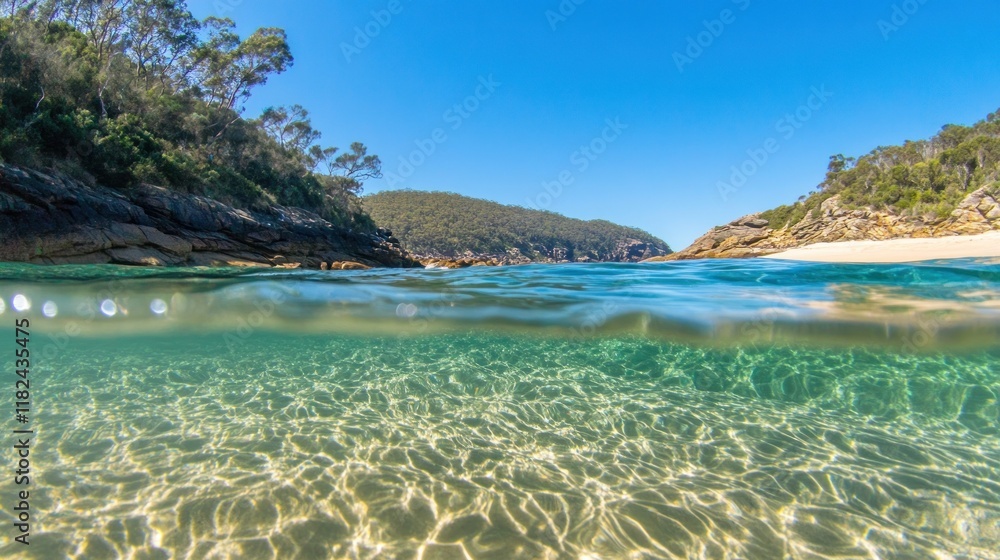 Fototapeta premium Underwater and above water view of a secluded cove with crystal clear water and sandy beach.