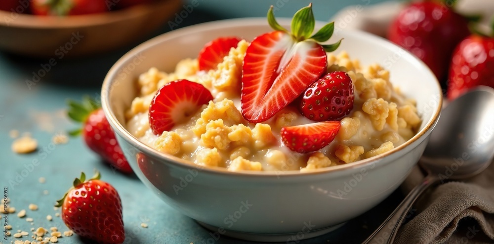 Bowl of strawberry muesli with a drizzle of honey, golden brown, sweet Bowl of strawberry muesli with a drizzle of honey, golden brown, sweet