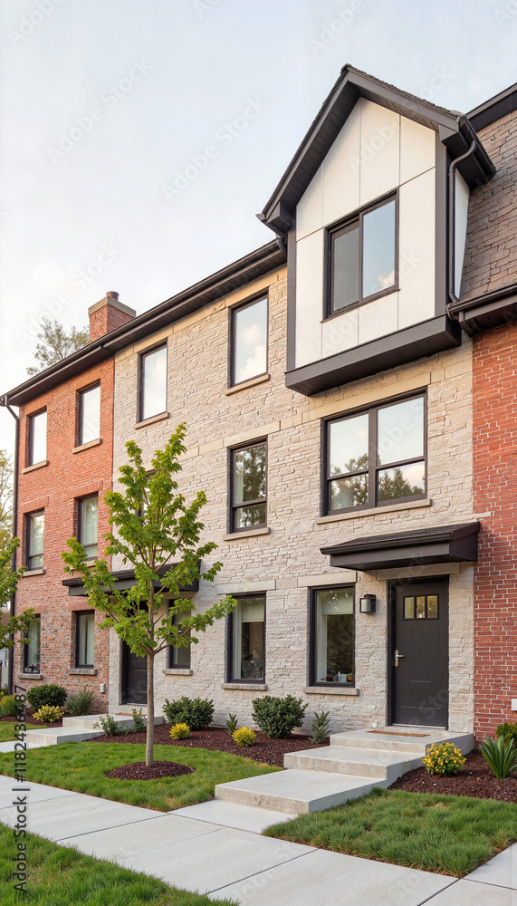 Fototapeta premium Contemporary townhouse icon in urban neighborhood, modern living