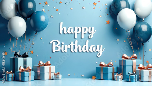 Festive Birthday Card with Balloons, Gifts, and Stars in blue with gold
