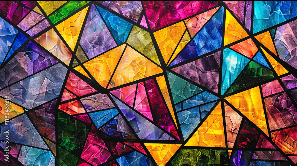 A stained-glass-inspired abstract design with intricate geometric patterns and vibrant color fills A stained-glass-inspired abstract design with intricate geometric patterns and vibrant color fills
