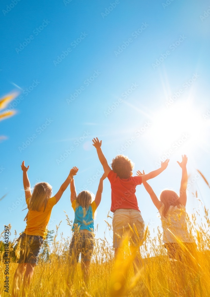 Joyful Children Playing in a Sunlit Field with Bright Blue Sky Joyful Children Playing in a Sunlit Field with Bright Blue Sky