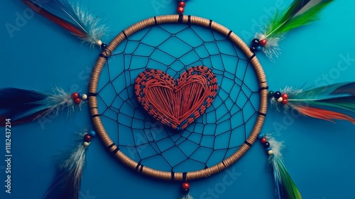 Dream catcher with heart shape and colorful feathers creates a vibrant atmosphere photo