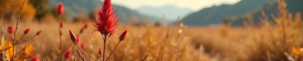 Exotic rocket plant in autumnal landscape with dried grass, exotic, flora Exotic rocket plant in autumnal landscape with dried grass, exotic, flora
