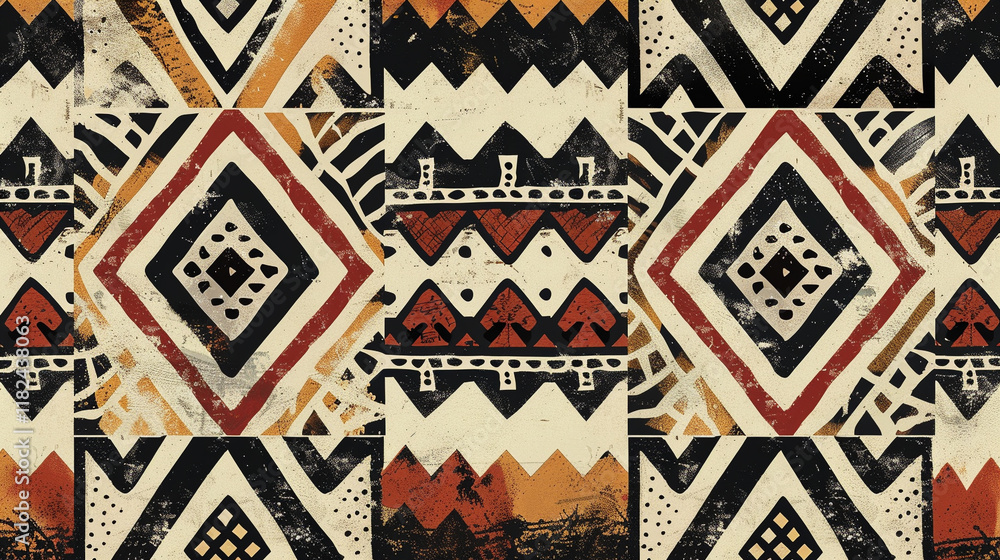 A tribal-inspired pattern with earthy colors and bold, angular designs evoking ancient art A tribal-inspired pattern with earthy colors and bold, angular designs evoking ancient art