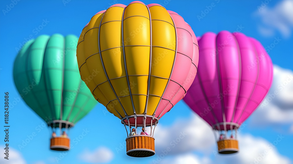 Fototapeta premium Colorful hot air balloons float against a bright blue sky, creating a vibrant and cheerful atmosphere.