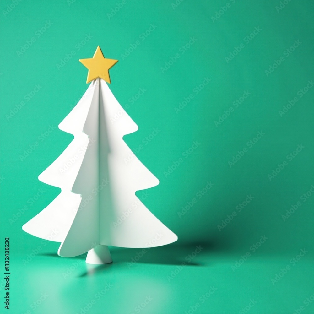 A single gold ornament catches light on a white paper Christmas tree against teal background, minimalist, christmas A single gold ornament catches light on a white paper Christmas tree against teal background, minimalist, christmas