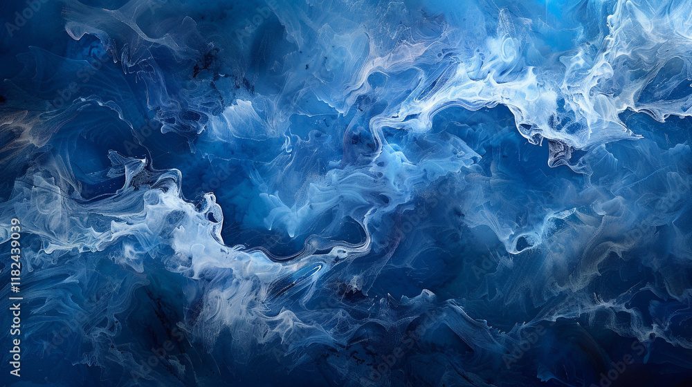 Obraz premium An abstract ink-in-water effect, with deep blue and white wisps swirling in a cloudy formation