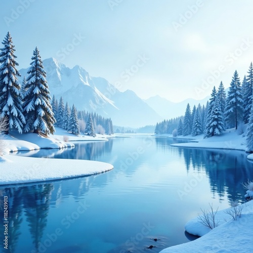 Abstract white background with frozen lake elements in blue hues, icy, calm