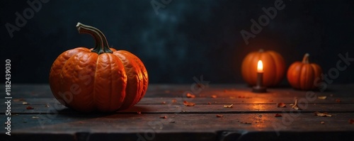 Dark wooden tabletop holds a single glowing pumpkin, pumpkin, tabletop