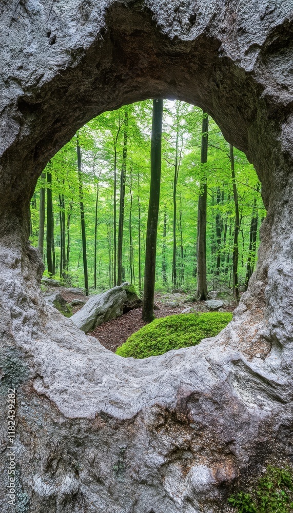 Forest view through a natural stone arch. Lush green trees and mossy rocks create a serene scene. Forest view through a natural stone arch. Lush green trees and mossy rocks create a serene scene.