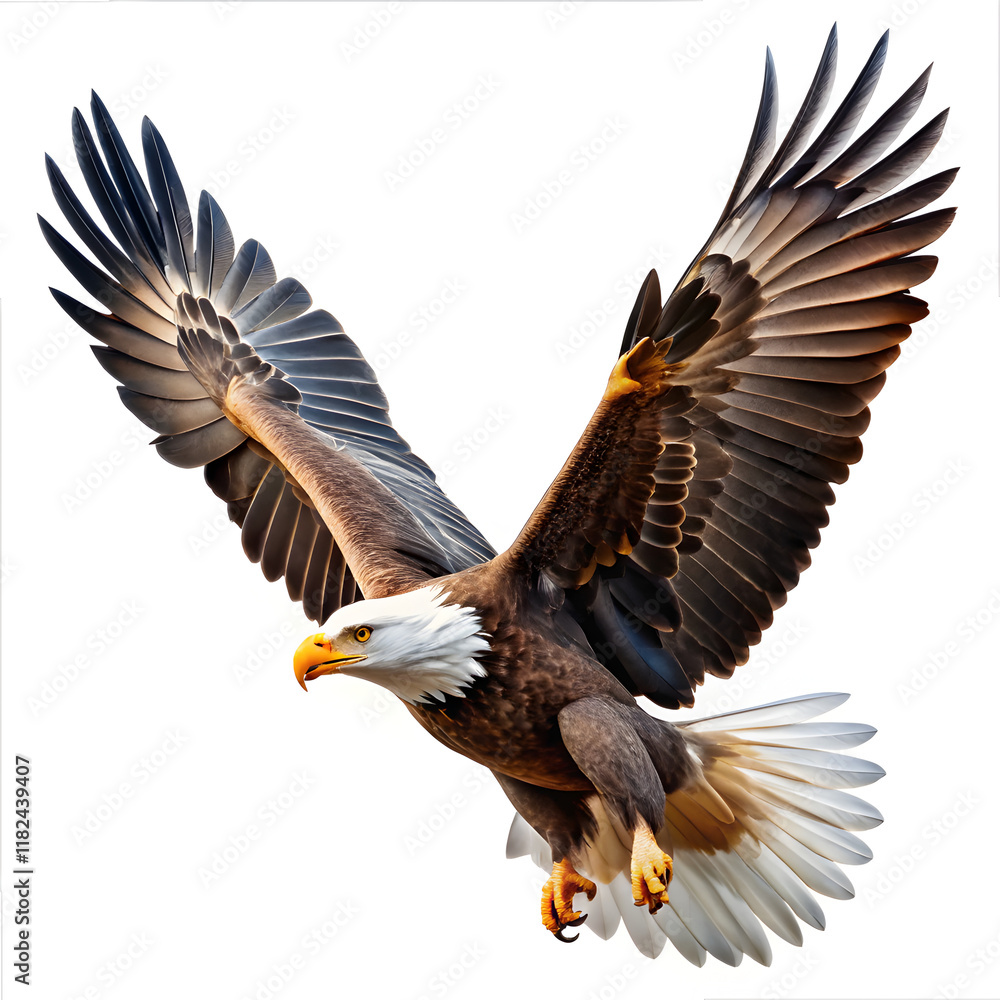 Fototapeta premium American bald eagle flying on white background 