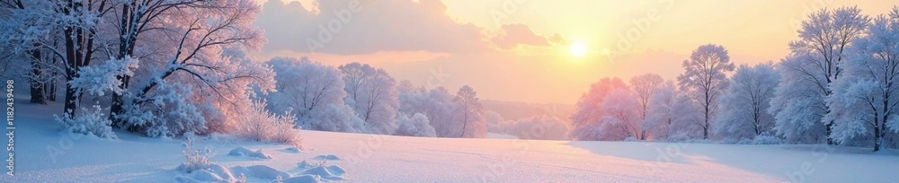 Soft morning light illuminates snow-covered trees, landscape, peaceful Soft morning light illuminates snow-covered trees, landscape, peaceful