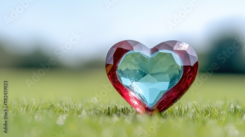 A red and blue heart sitting on top of a lush green field