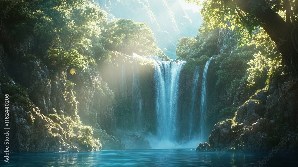 Serene Waterfall Cascading Through Lush Green Forest, A Breathtaking Nature Scene Serene Waterfall Cascading Through Lush Green Forest, A Breathtaking Nature Scene