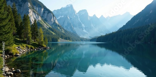 Forest surrounding a peaceful lake in the mountains, serene, mountainous scenery