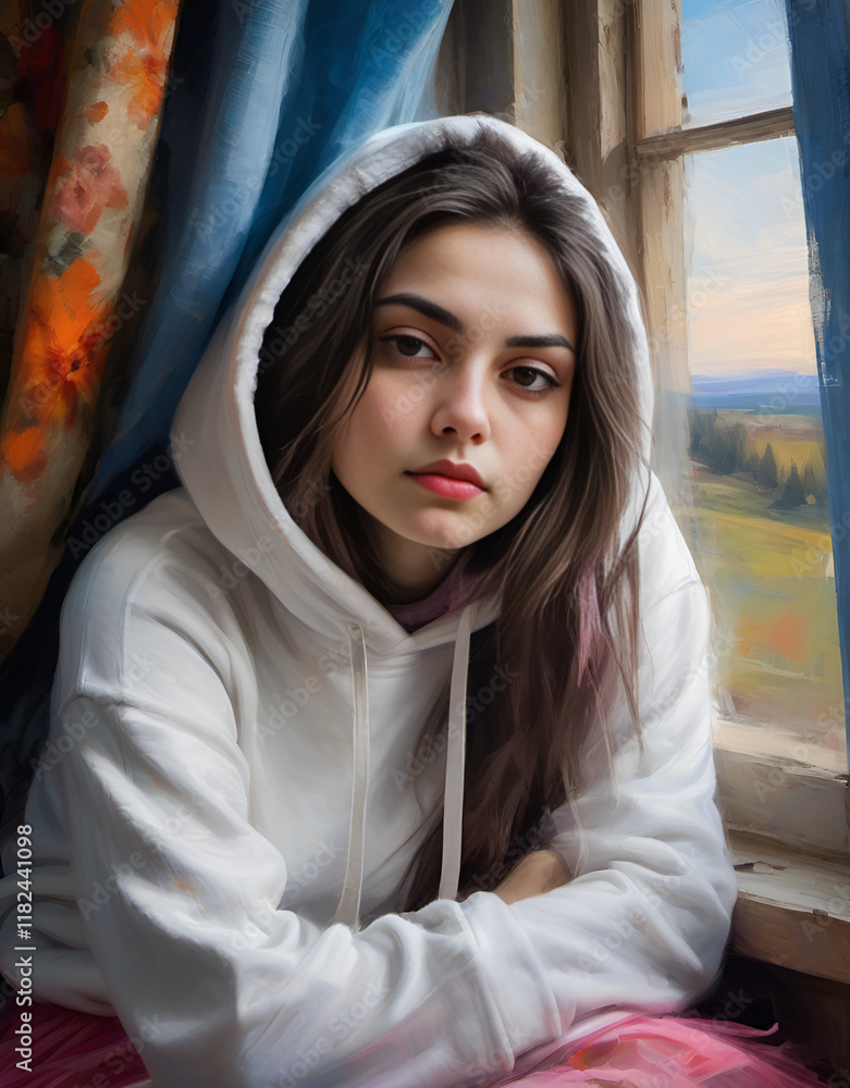 Spectacular illustration. Image of a girl in simple clothes, a hood on her head, beads on her neck. Calm, peaceful atmosphere in nature and the human soul. Spectacular illustration. Image of a girl in simple clothes, a hood on her head, beads on her neck. Calm, peaceful atmosphere in nature and the human soul.