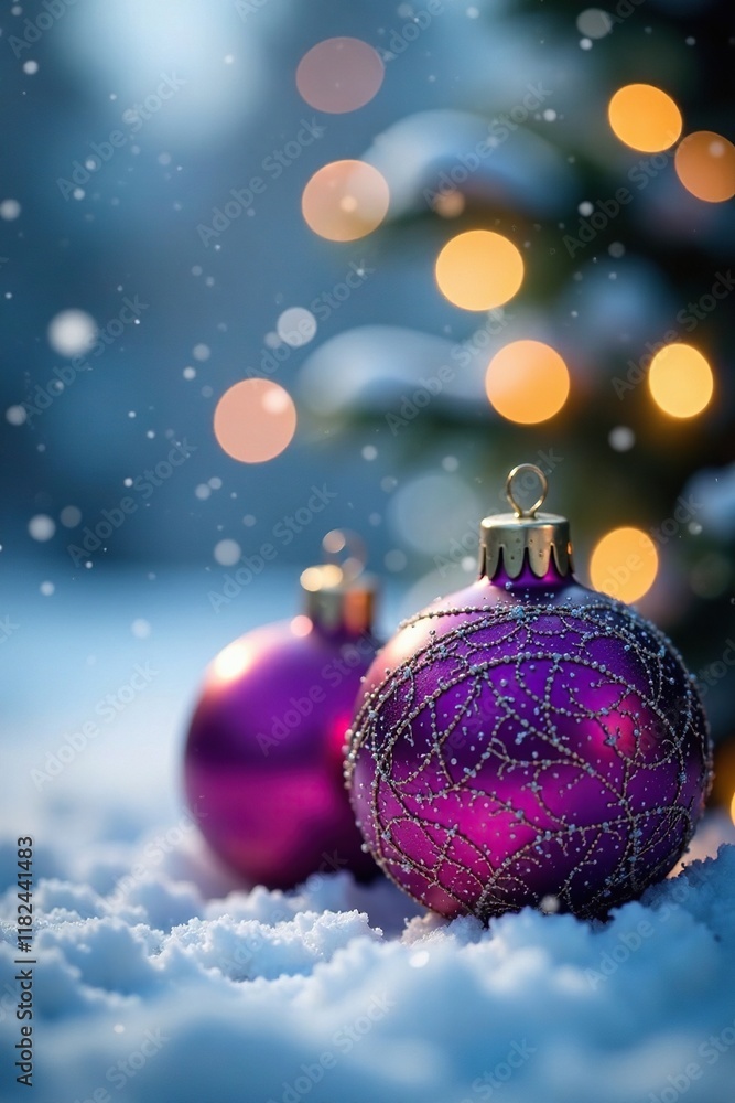 Festive purple and gold ornaments in a bokeh effect against a snowy background, winter, bokeh, sparkles Festive purple and gold ornaments in a bokeh effect against a snowy background, winter, bokeh, sparkles