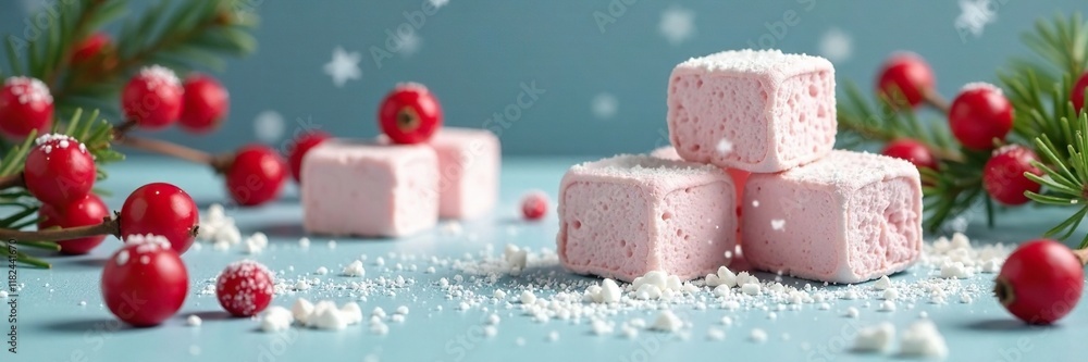 Marshmallows and berries create a sweet winter wonderland scene, holiday treats, snowflakes, berries Marshmallows and berries create a sweet winter wonderland scene, holiday treats, snowflakes, berries