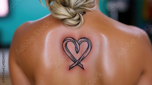 A woman with a tattoo of a heart on her back