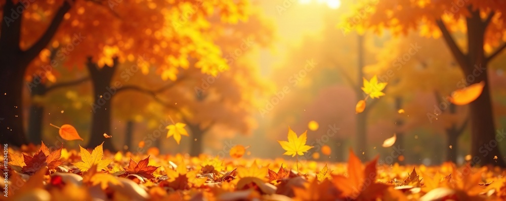 A sea of orange and yellow leaves drifts lazily through the air, leaf fall, background A sea of orange and yellow leaves drifts lazily through the air, leaf fall, background