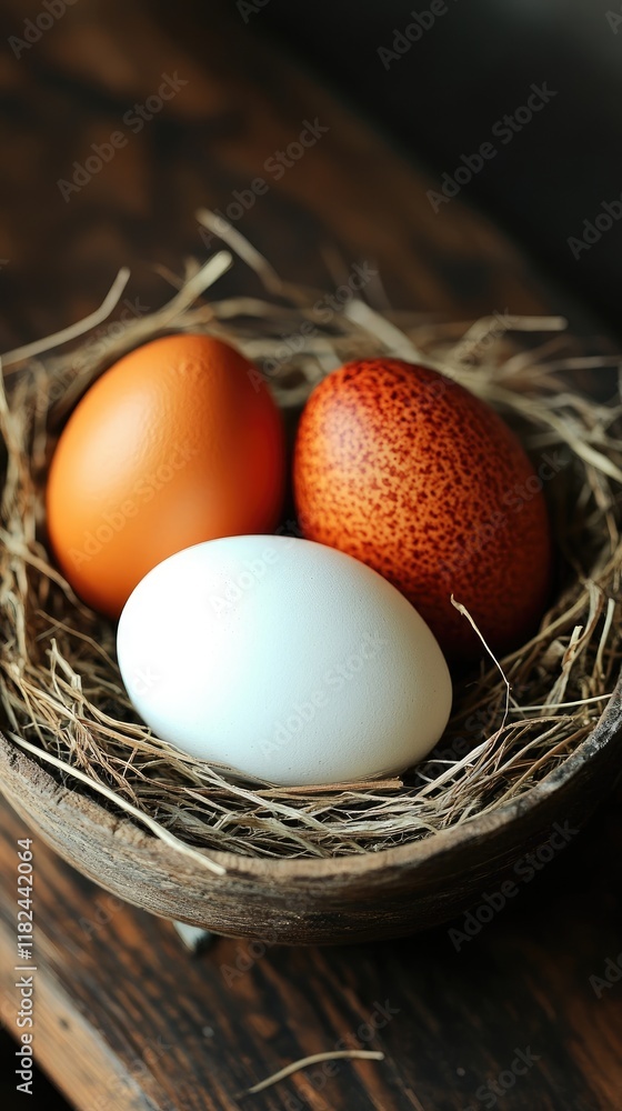 Diverse Eggs in Nest: Brown, Speckled, White in Rustic Setting for Natural Stock Imagery Diverse Eggs in Nest: Brown, Speckled, White in Rustic Setting for Natural Stock Imagery