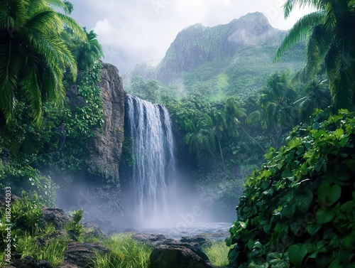 majestic tropical waterfall cascading through ancient rock formation with ethereal mist and verdant vegetation created by artificial intelligence