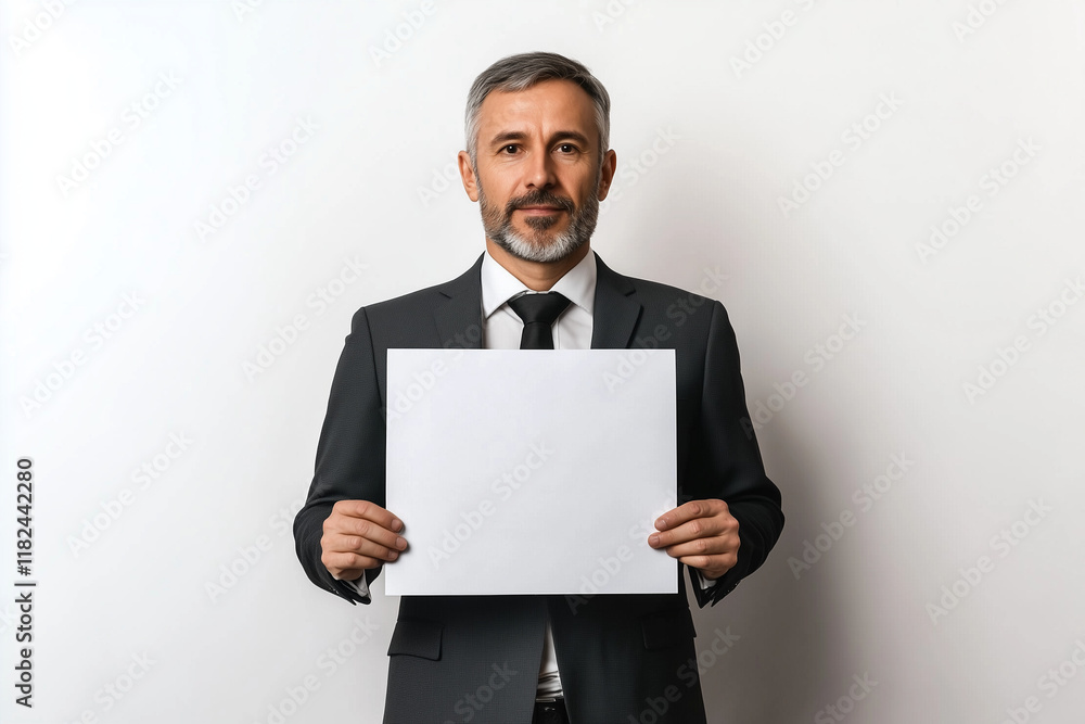 Confident businessman holding blank paper against white background Confident businessman holding blank paper against white background