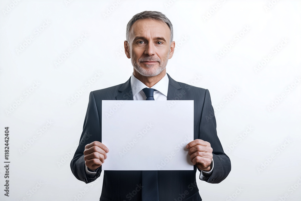 Professional senior man holding blank card in formal suit Professional senior man holding blank card in formal suit