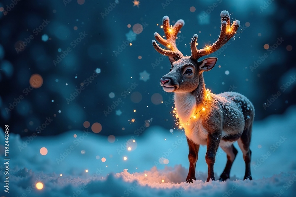 Reindeer wearing a sparkly swarf on a snowy dark blue background with scattered snowflakes and twinkling lights, lights, winter, swarf Reindeer wearing a sparkly swarf on a snowy dark blue background with scattered snowflakes and twinkling lights, lights, winter, swarf