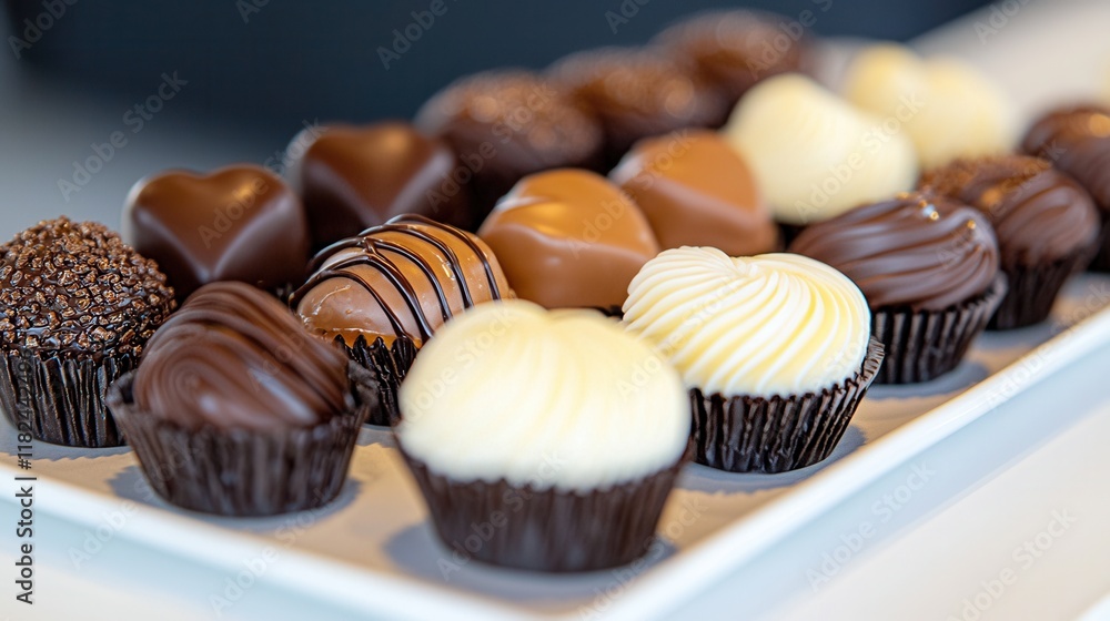 A white plate topped with lots of different types of chocolates A white plate topped with lots of different types of chocolates