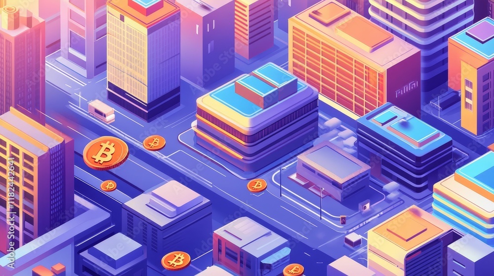 Cryptocurrency coins above an isometric city. Cryptocurrency coins above an isometric city.