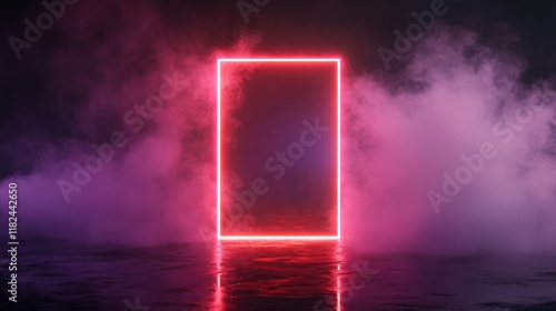 Neon glowing rectangle frame in dark industrial room cyberpunk design vibrant lighting reflective floor ultra hd