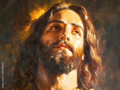 masterful oil painting portrait of jesus christ with divine light and traditional religious symbolism in rich, warm colors and details photo