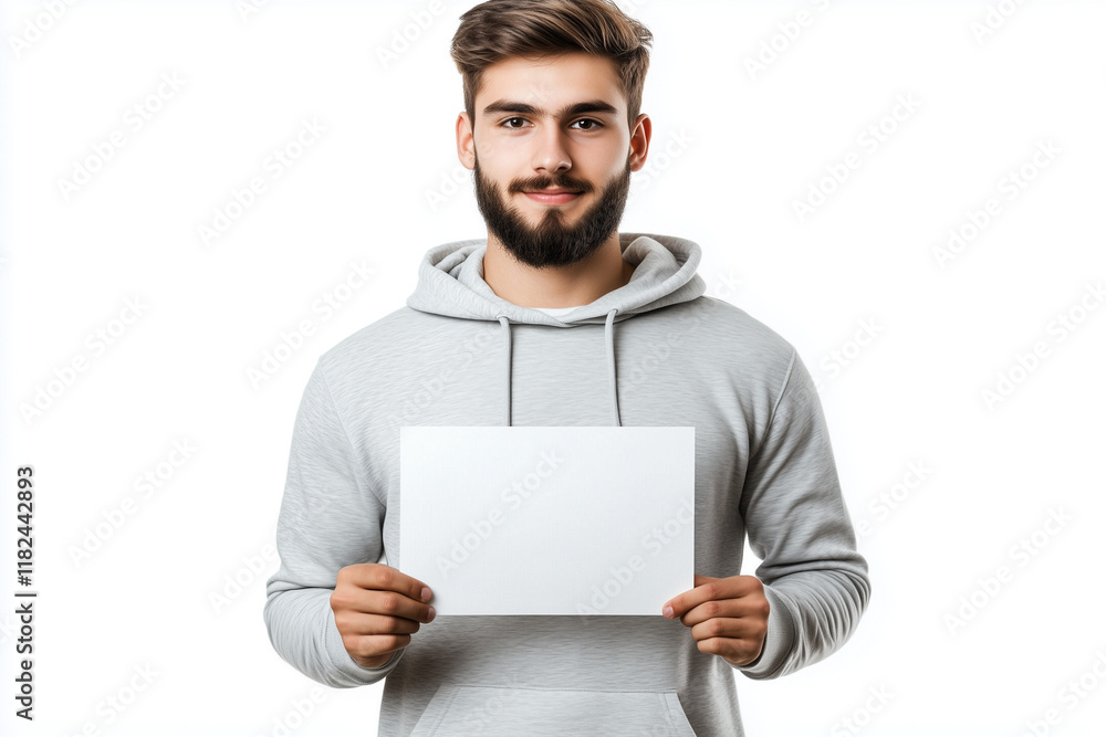 Smiling man in hoodie holding blank sheet against white background Smiling man in hoodie holding blank sheet against white background
