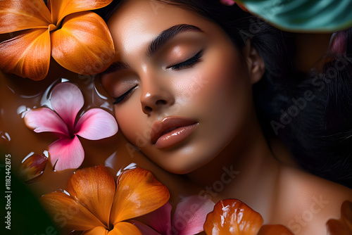 Beautiful young mexican woman with smooth tanned skin with exotic plants and flowers. Natural cosmetics, skincare, beauty and relax. reatment, care and spa procedures. Mocha mousse - color 2025 photo