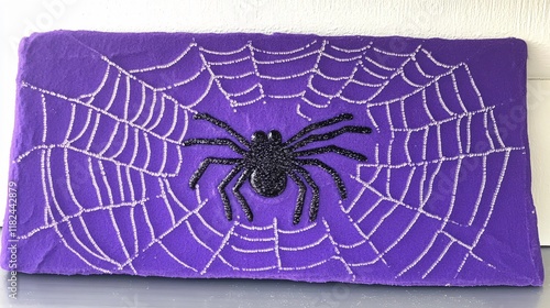 Purple Halloween Spider Web Art Decor, Spooky Spider on Embroidered Web photo