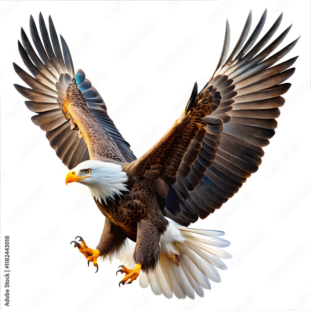 Obraz premium American bald eagle flying on white background 