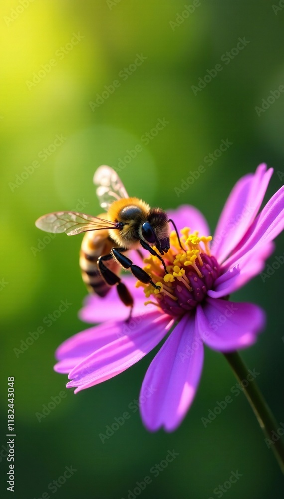 Honey bee collecting nectar from purple flower, nature, yellow Honey bee collecting nectar from purple flower, nature, yellow