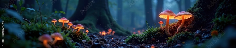 Fototapeta premium Luminous fungi glow softly in the forest darkness, misty, fungal kingdom, wild growth