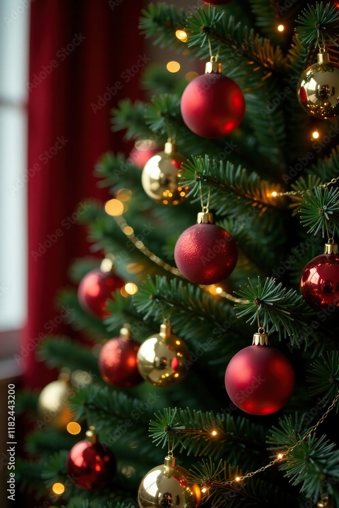 Red and gold ornaments on elegant Christmas tree, decorations, tree, holiday Red and gold ornaments on elegant Christmas tree, decorations, tree, holiday