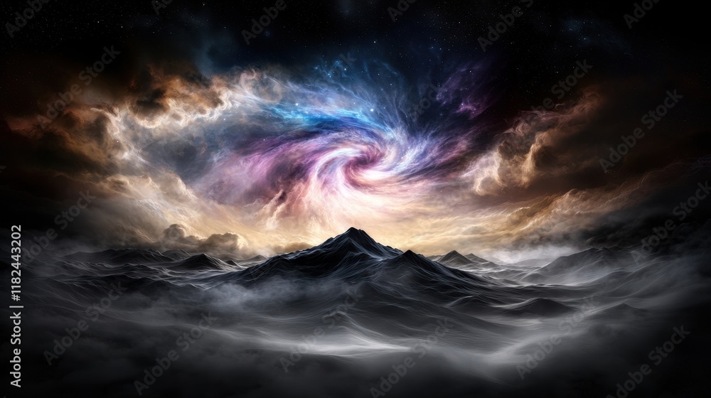 Fototapeta premium A black hole in the middle of a stormy sky with mountains in the background